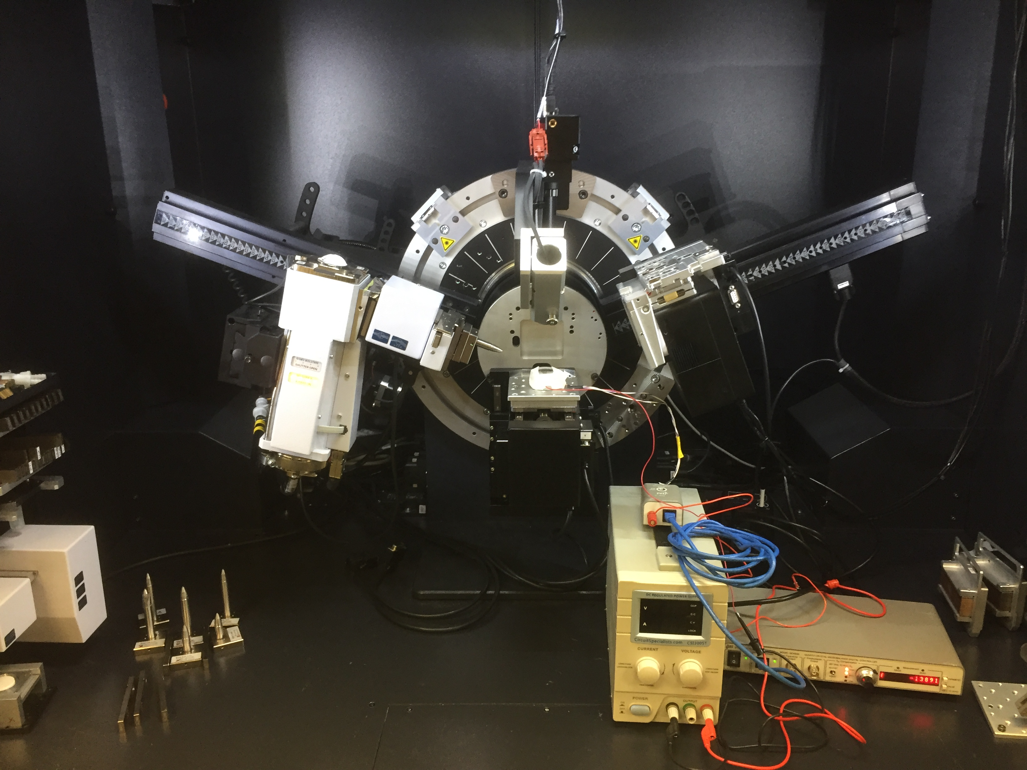 X-ray diffractometer interior, showing the goniometer and sample stage.