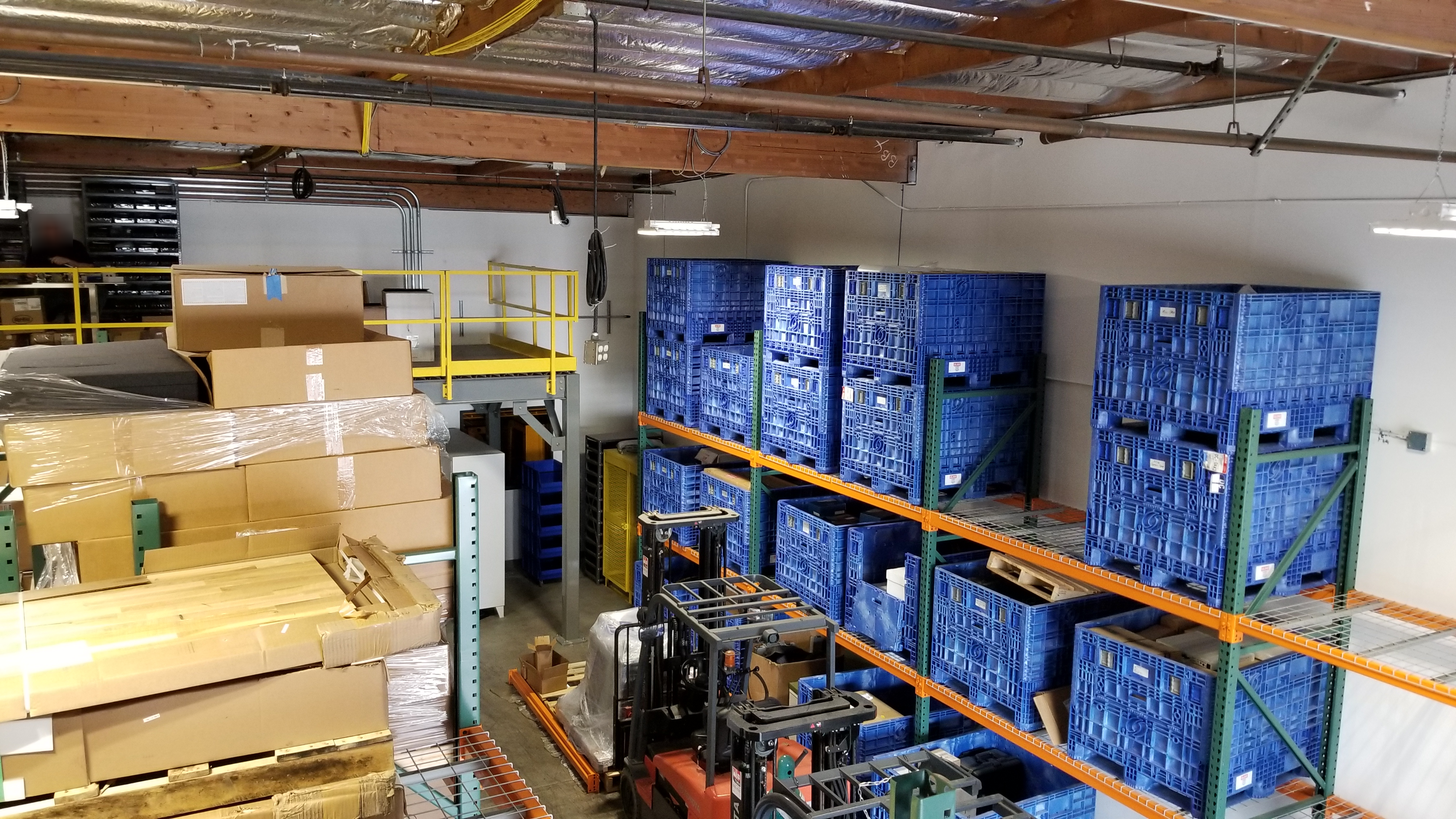 Warehouse racks holding supplies and equipment for the experimental program.