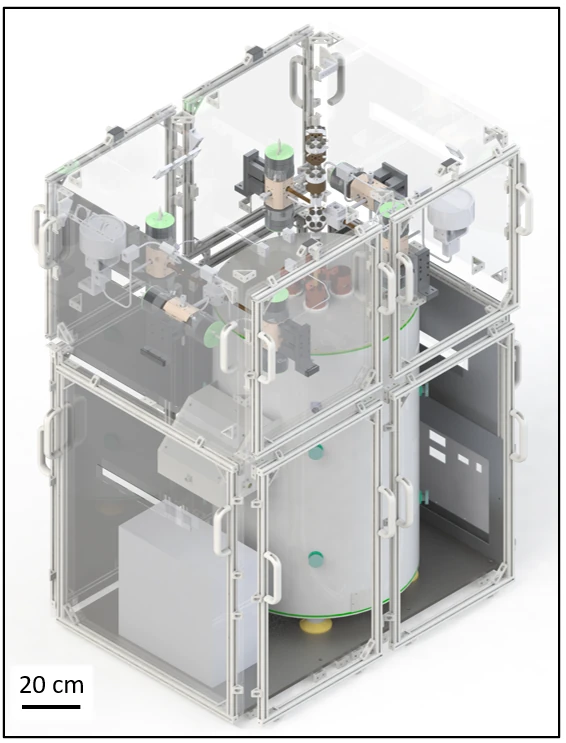 CAD rendering of an enclosed ultrapressure cryogenic calorimetry installation built around a Setaram instrument.
